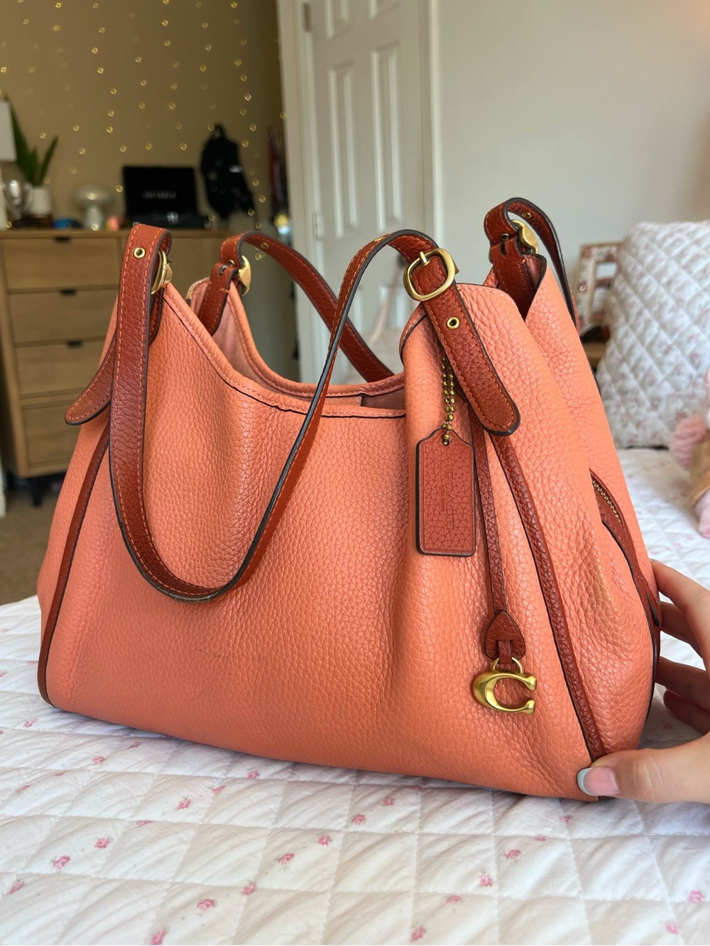COACH Lori Coral Burnt Orange Colorblock Pebble Leather Vintage Shoulder Bag